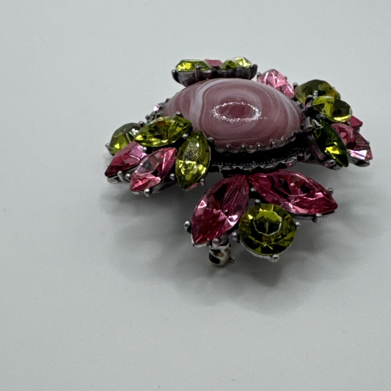 Vintage Flower Large Pink Center Stone with Pink and Green Crystals Brooch Pin
