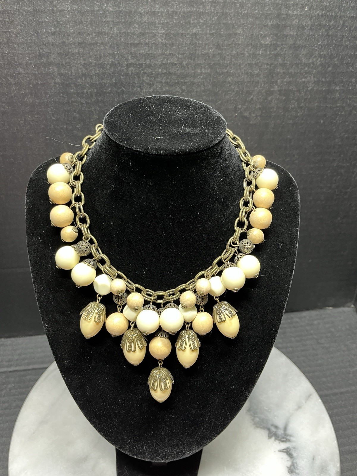 Vtg Bronze Tone Vanilla Beaded 19″ Statement Necklace by Gerard Yosca Boho Lux