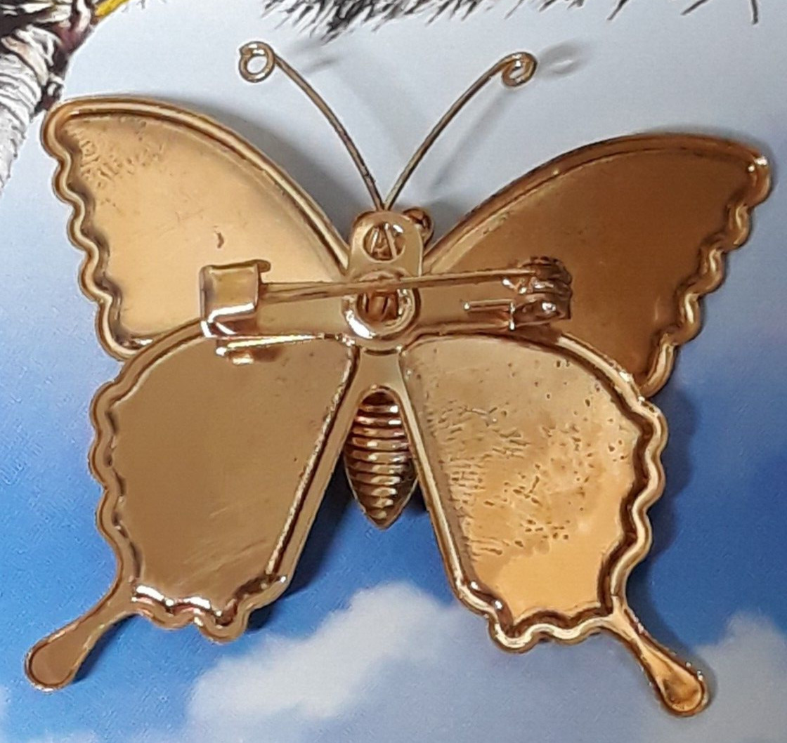 Vintage Brooch Butterfly of Red Orange and Cream Resin on Gold Tone Setting