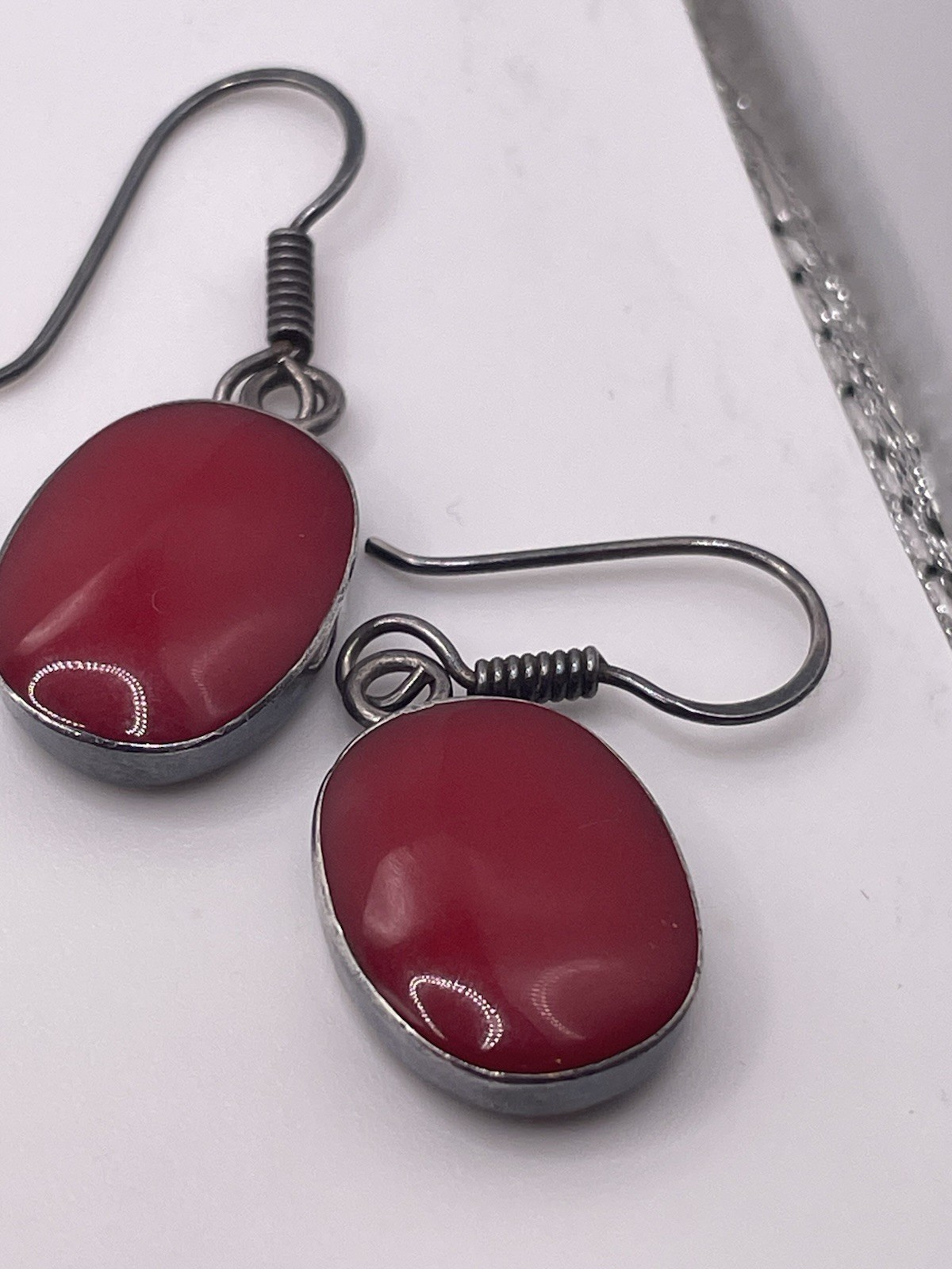 Vintage MEX 925 Sterling Silver Red Cabochon Dangle Earrings Mexico