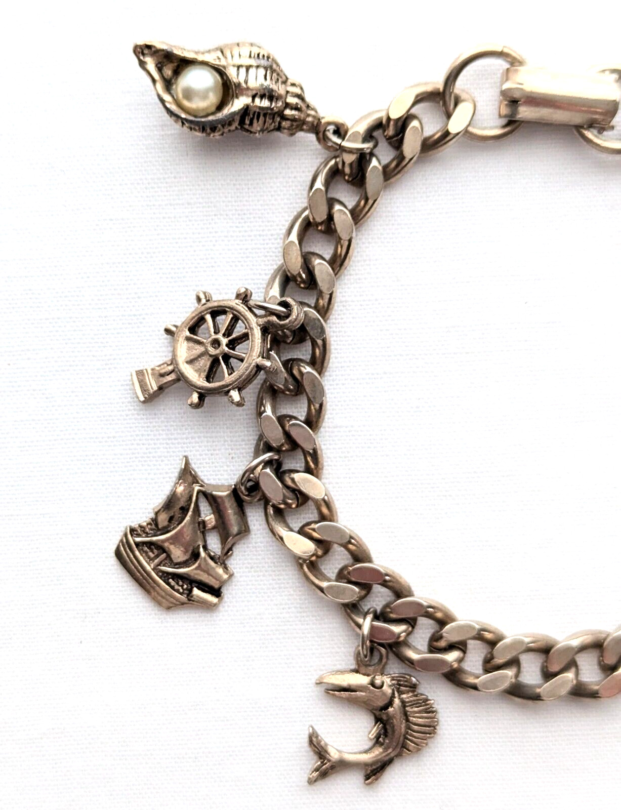Charm Bracelet Starfish Ship Conch Shell Charms Curb Chain Vintage Jewelry 7″