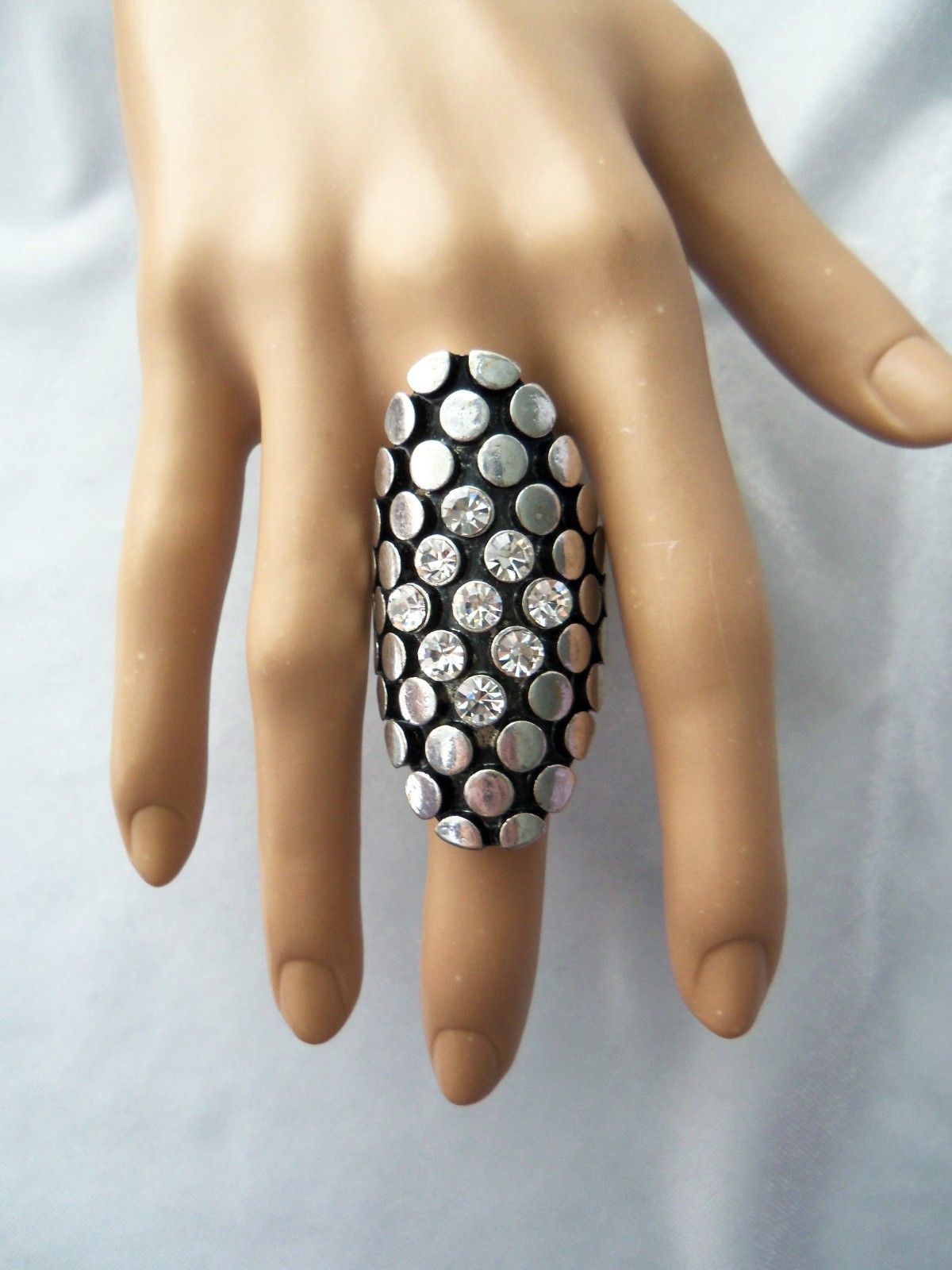 Crystal Rhinestone Accents Silver Dots on Black Long Finger Stretch Band Ring
