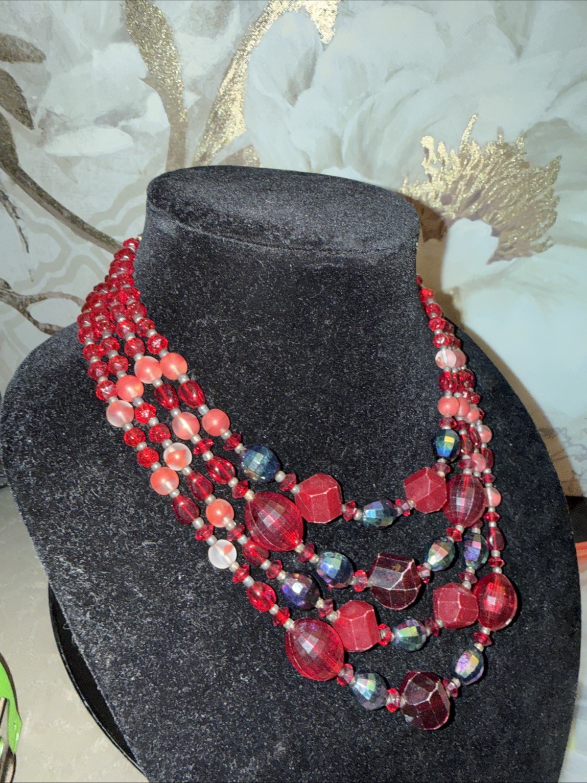 Vintage Western Germany Red/Red Iridescent 4 Stranded Beaded Necklace