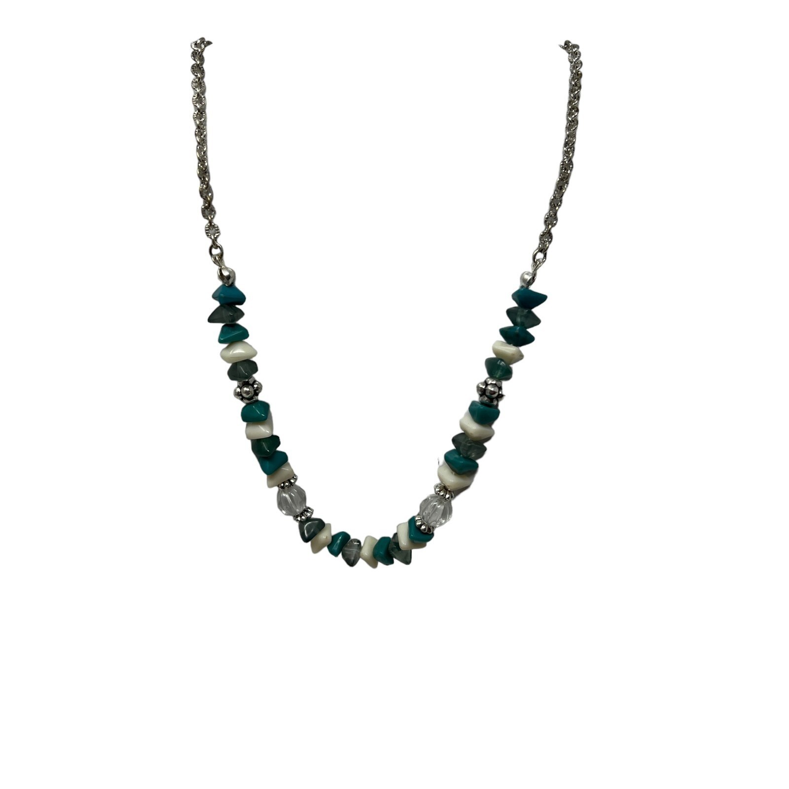 Vintage Avon Necklace Silver Tone with White Blue Clear Beads