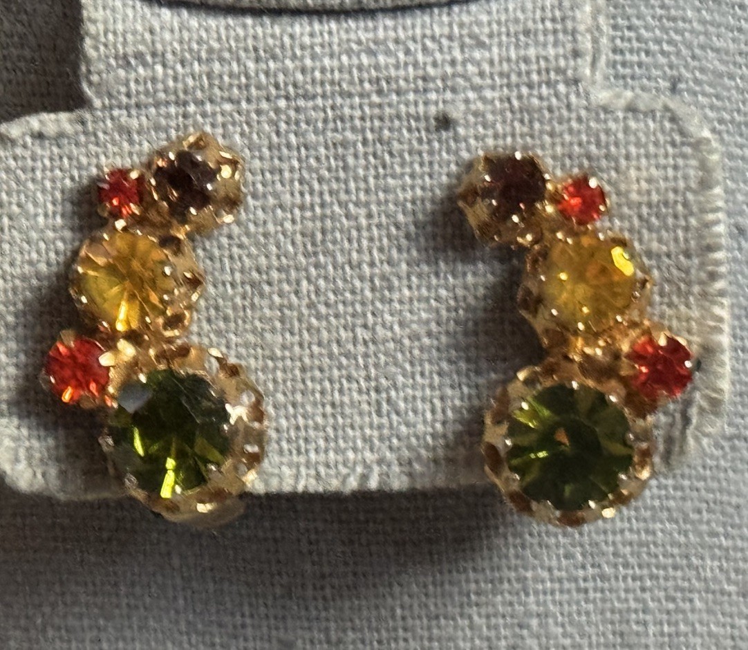 Vtg Signed Austria Crystal Climber Earrings Orange Green Yellow – Fall Colors