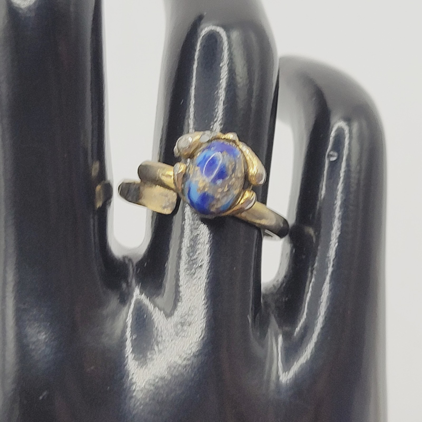 Antique Lapis Lazuli Small Domed Stone w Specks Ring Adjustable Worn Distressed