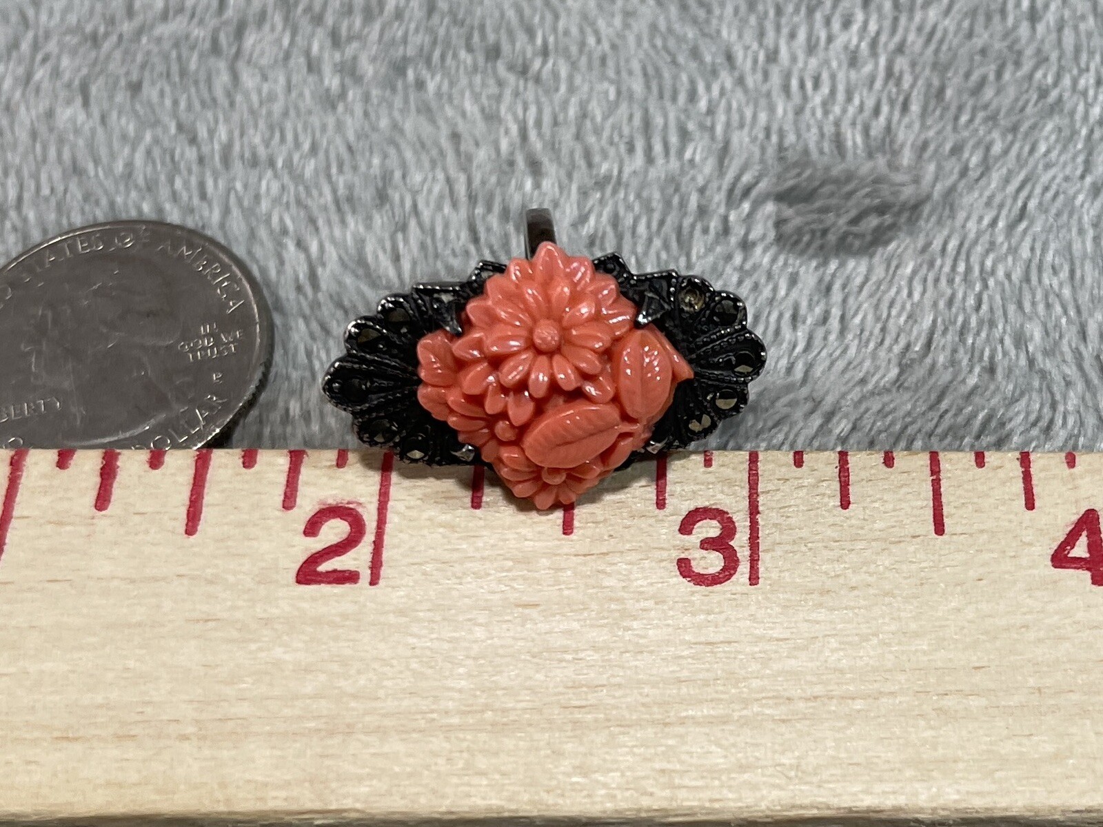 Antique Sterling Marcasite Coral Glass Floral Ring, Size 3.75