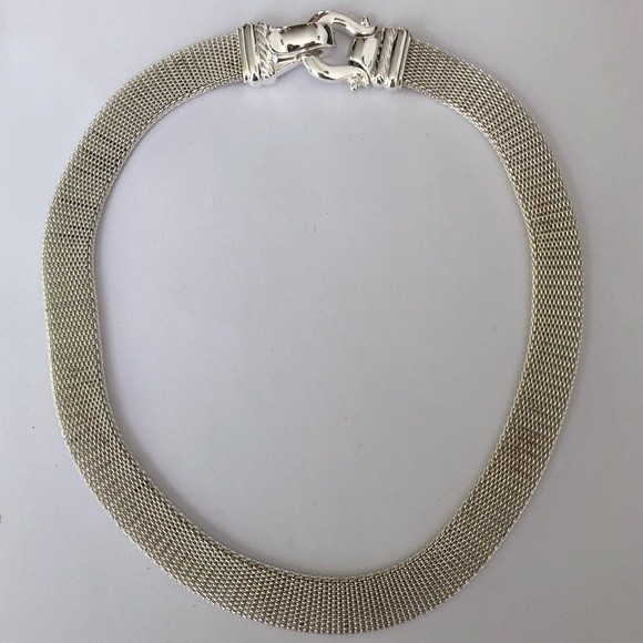 Silver Tone Choker Necklace Magnetic Mesh Buckle