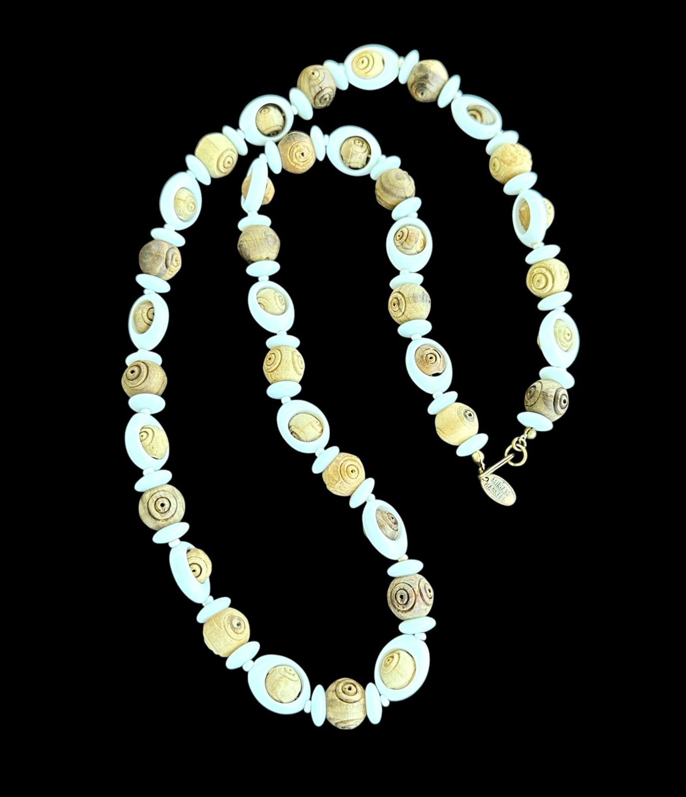 Vintage Miriam Haskell White Lucite and Carved Wood Beaded Necklace