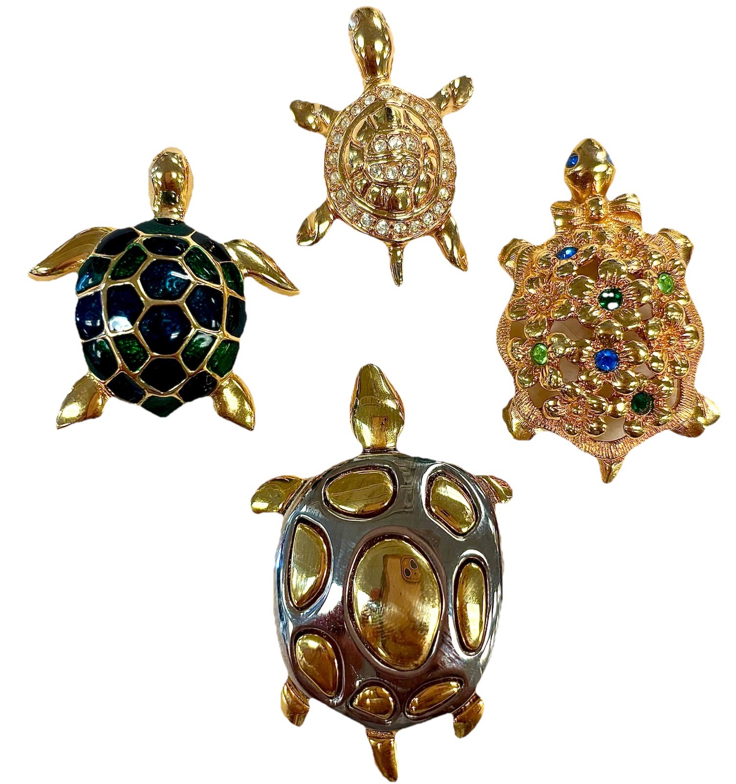 Vintage Turtle Brooch Lot Avon SAI Enamel Rhinestone Gold Tone Sea Turtle Pins