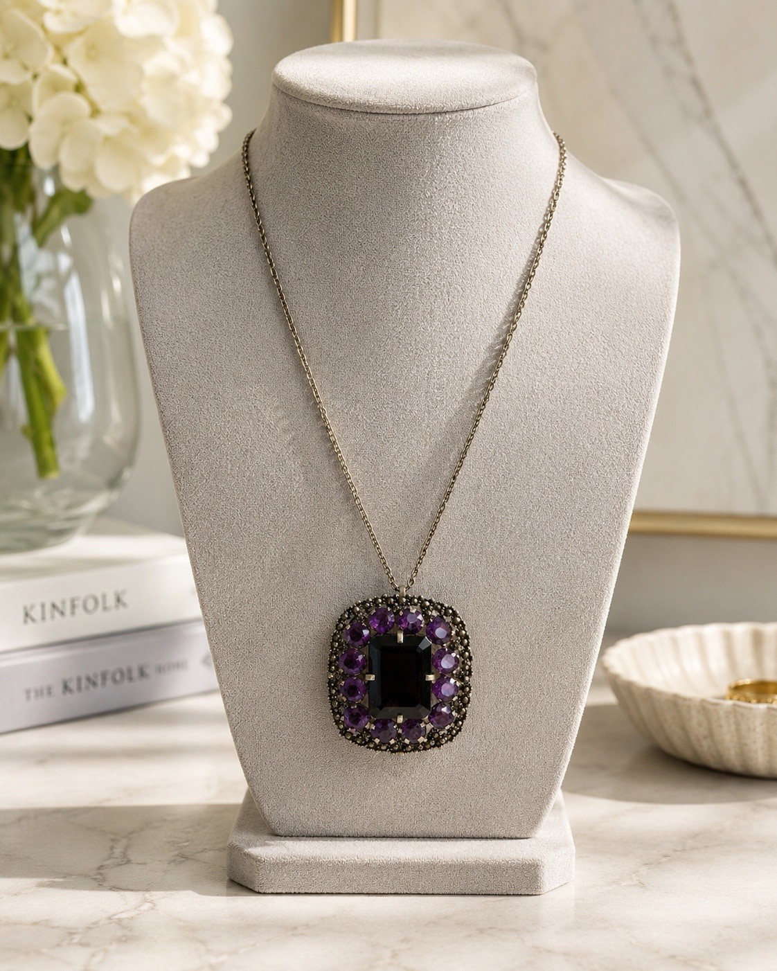 Vintage Thai Amethyst Smoky Quartz Pendant Large Statement Necklace