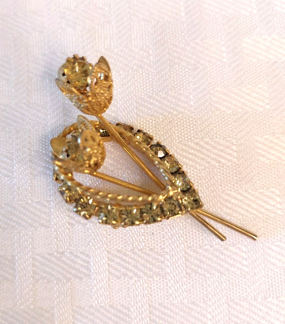 Vtg Gold-tone Lime Green Yellow Rhinestone Dual Flower Pin/Brooch Filigree