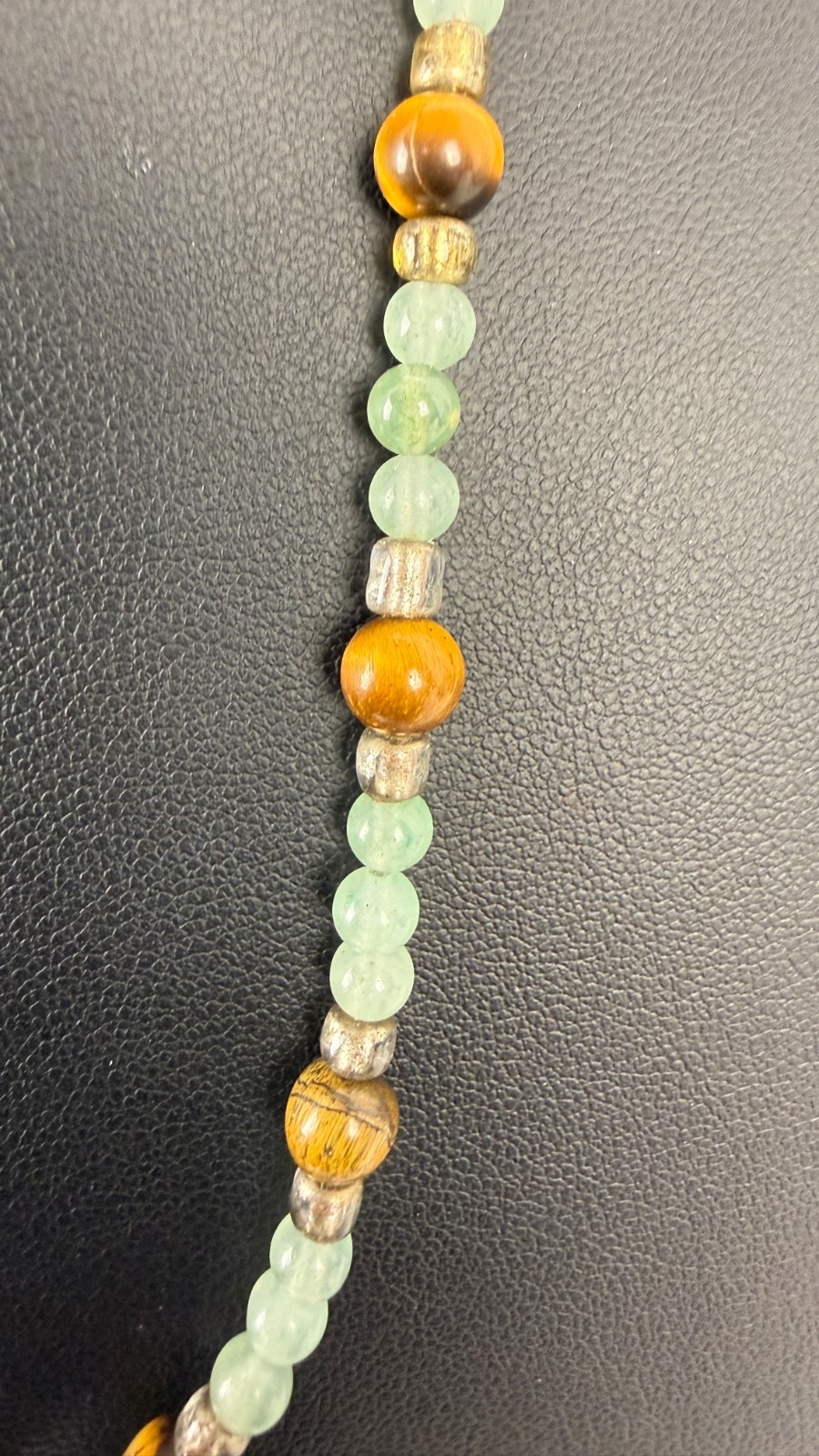 Green Aventurine & Tiger’s Eye Beaded Necklace | Carved Stone Frog Pendant 18″