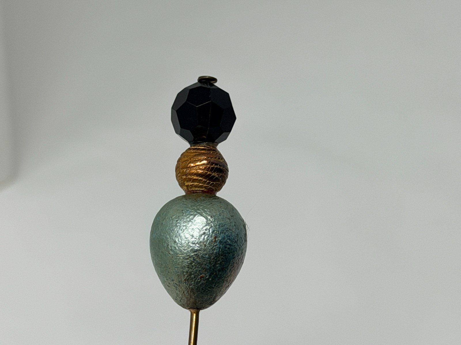 Vintage Gold Tone Light Teal Blue and Black Beaded 4-1/8” Long Hat Stick Pin