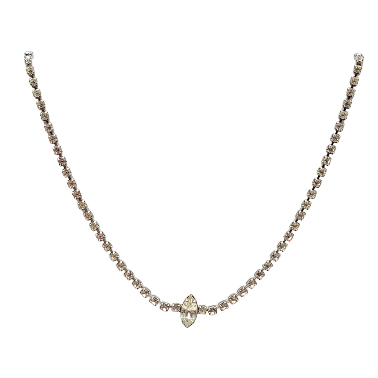 Clear Glass Rhinestone Dainty Vintage Silver Tone Necklace with Marquis Cut