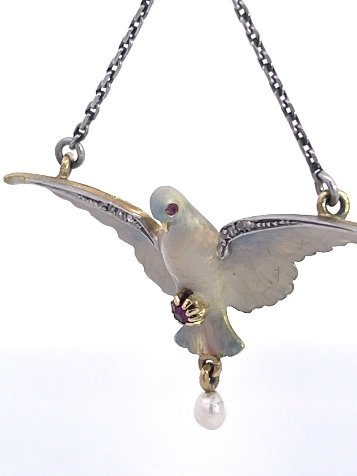 18K Enamel Dove on a Platinum Chain 17″ long