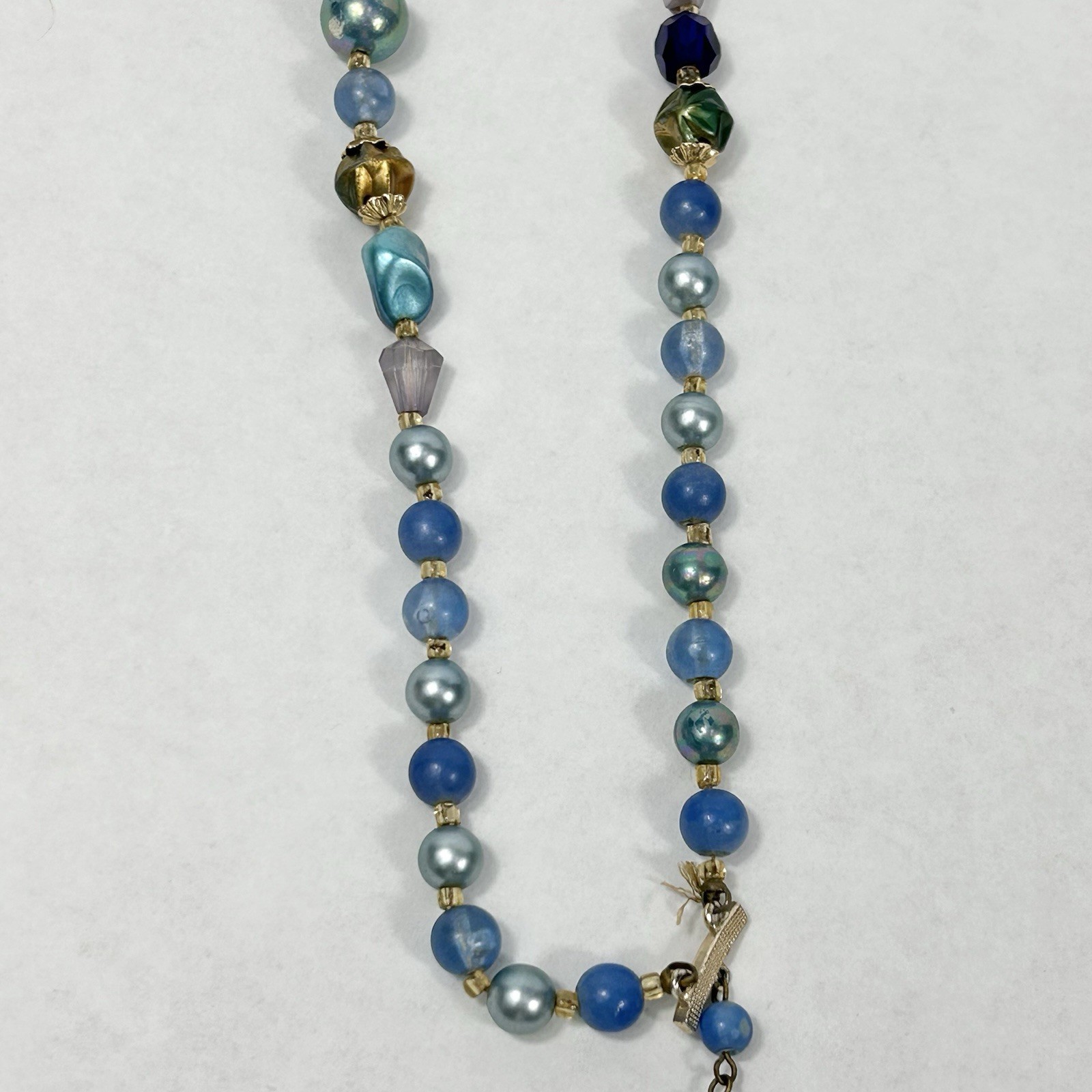 Vintage JAPAN Double Strand Blue Bead Necklace 17.5” Faux Pearl Acrylic Glass