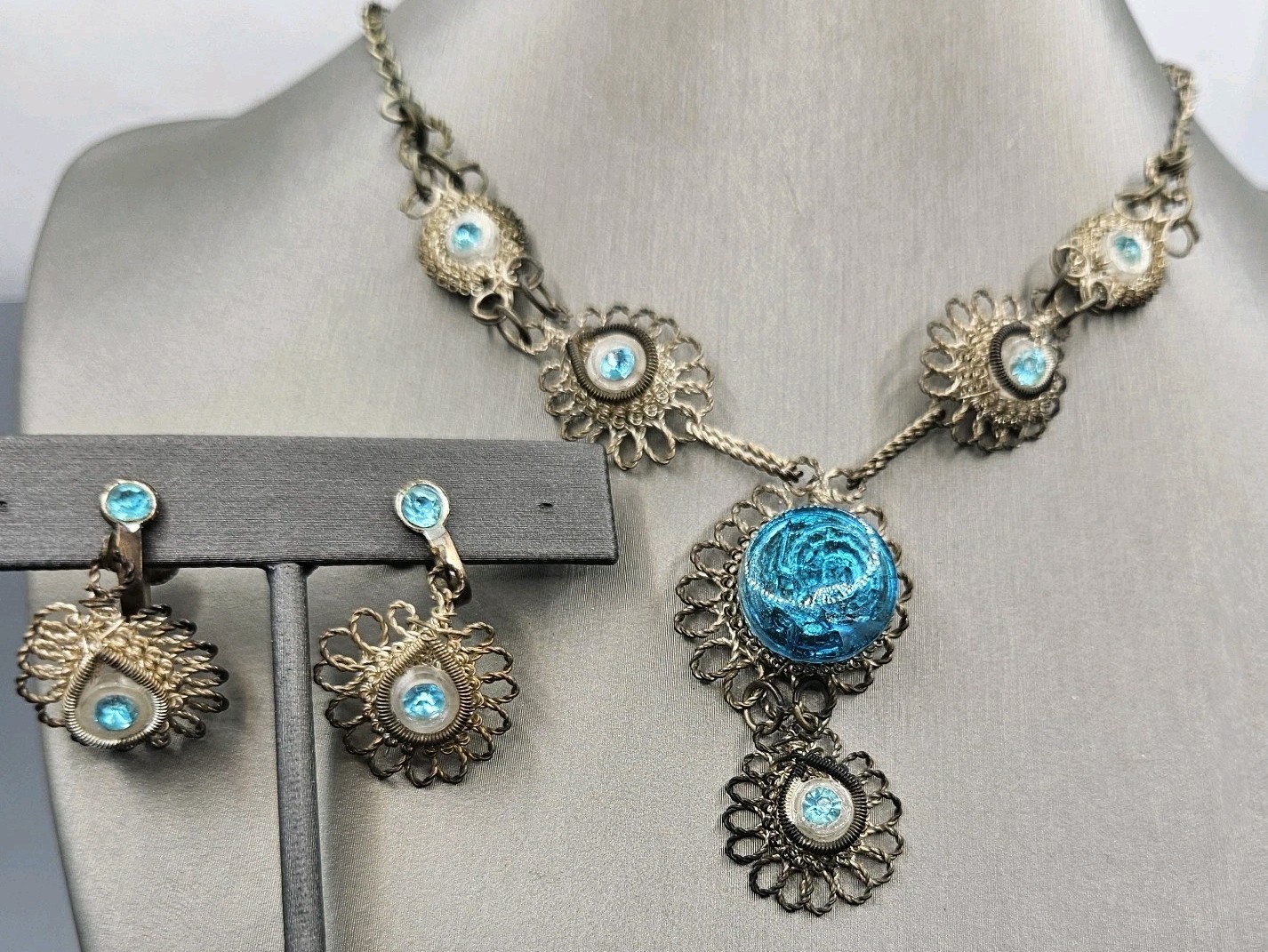 Antique Cannetille Spun Silver Necklace Blue Art Glass Screw Back Earrings Set
