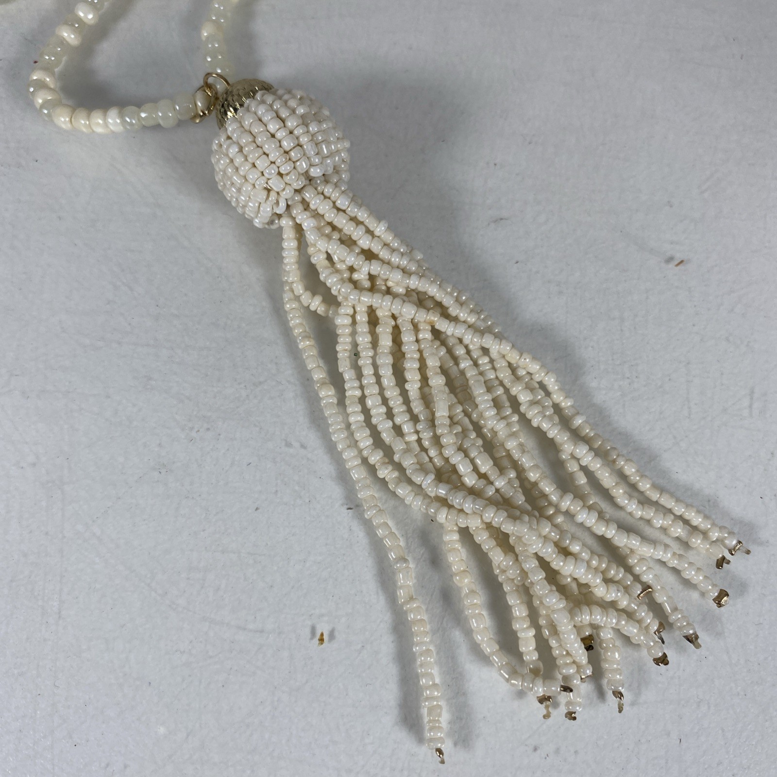 Vintage Beaded Long Necklace Tassel Off White Cream