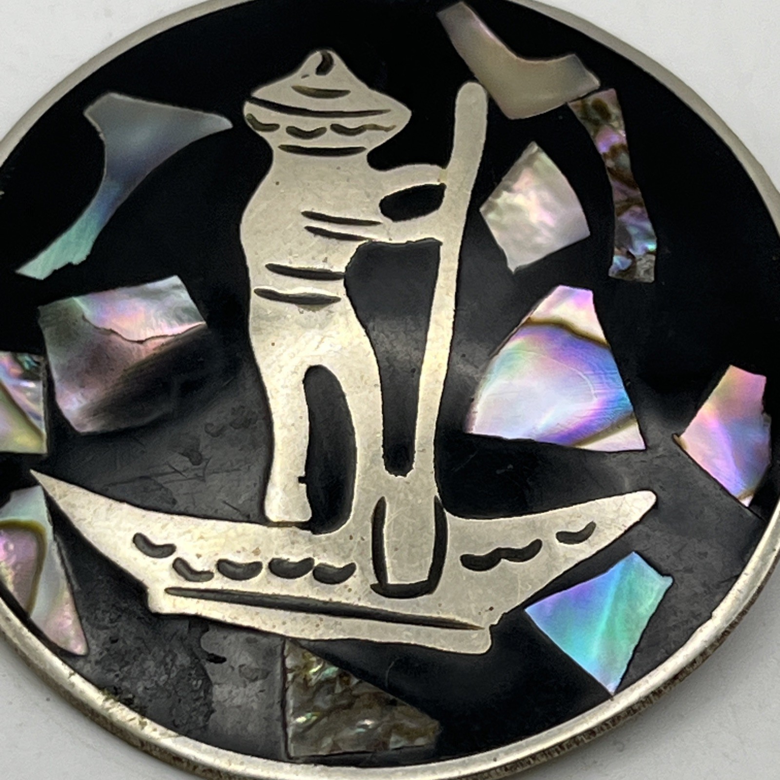 Vintage Mexican Alpaca Silver Brooch Abalone MOP Inlay Gondolier Boatman Mexico