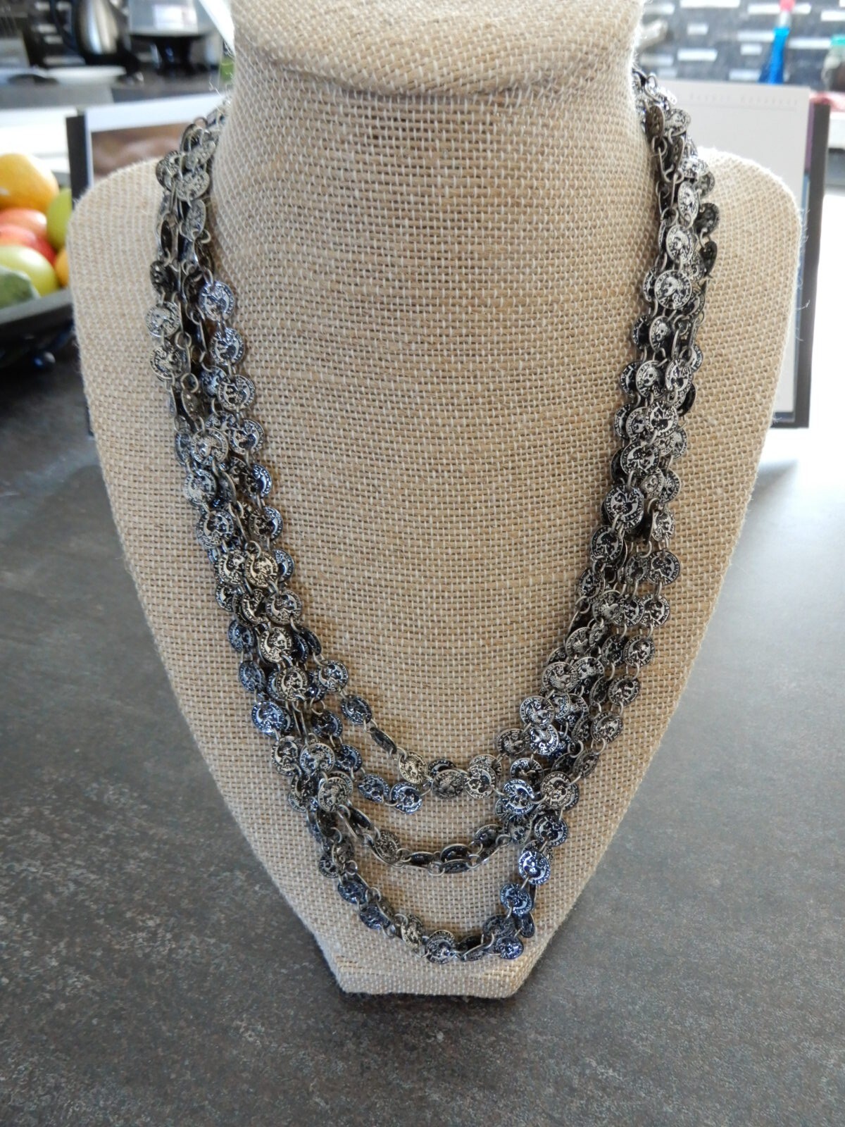 Multi Tier 6 strand Mini Coin Replica Link Silver Tone Necklace
