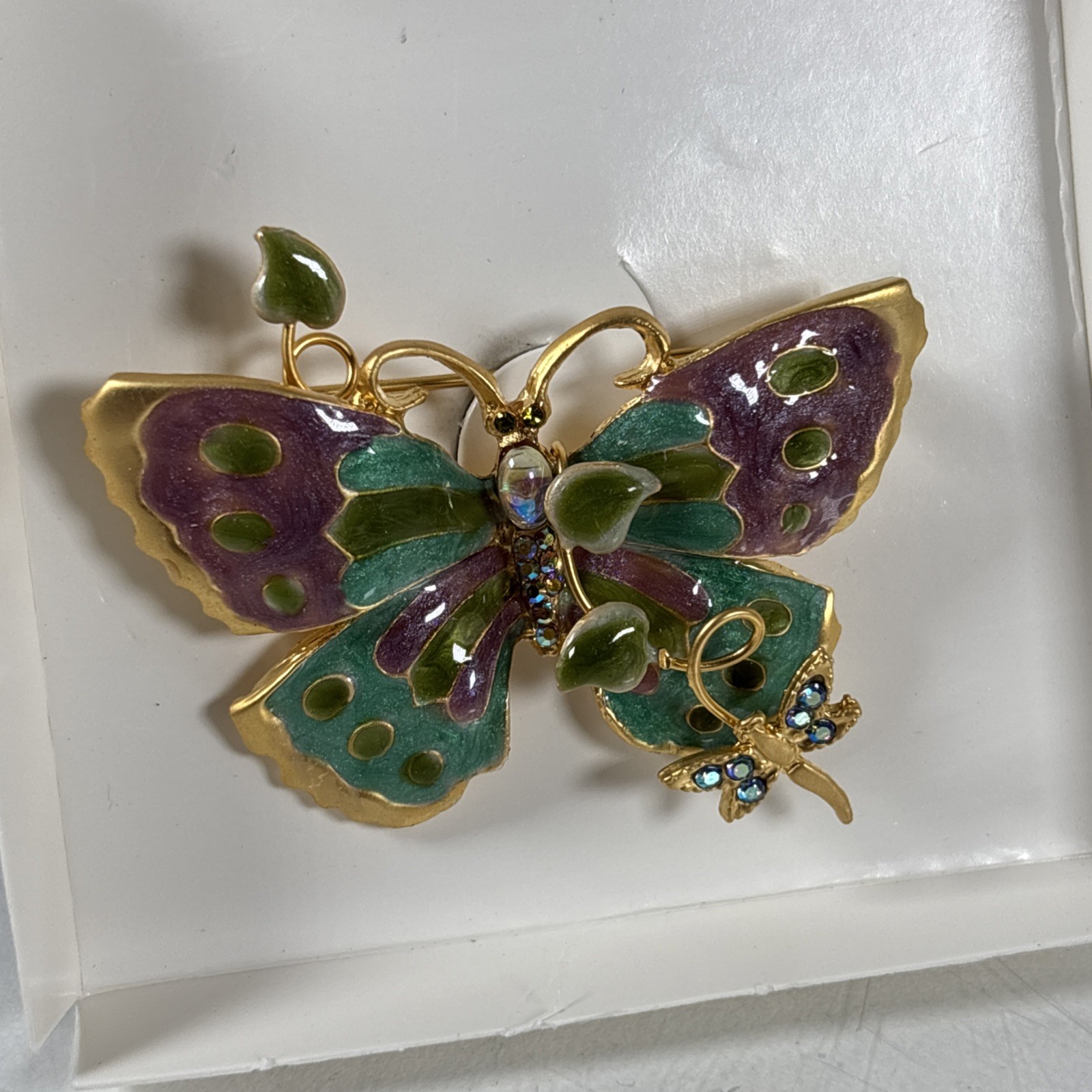 Enamel Mother BUTTERFLY w/ Baby Blue Green Violet Gold Tone Brooch Pin Metal