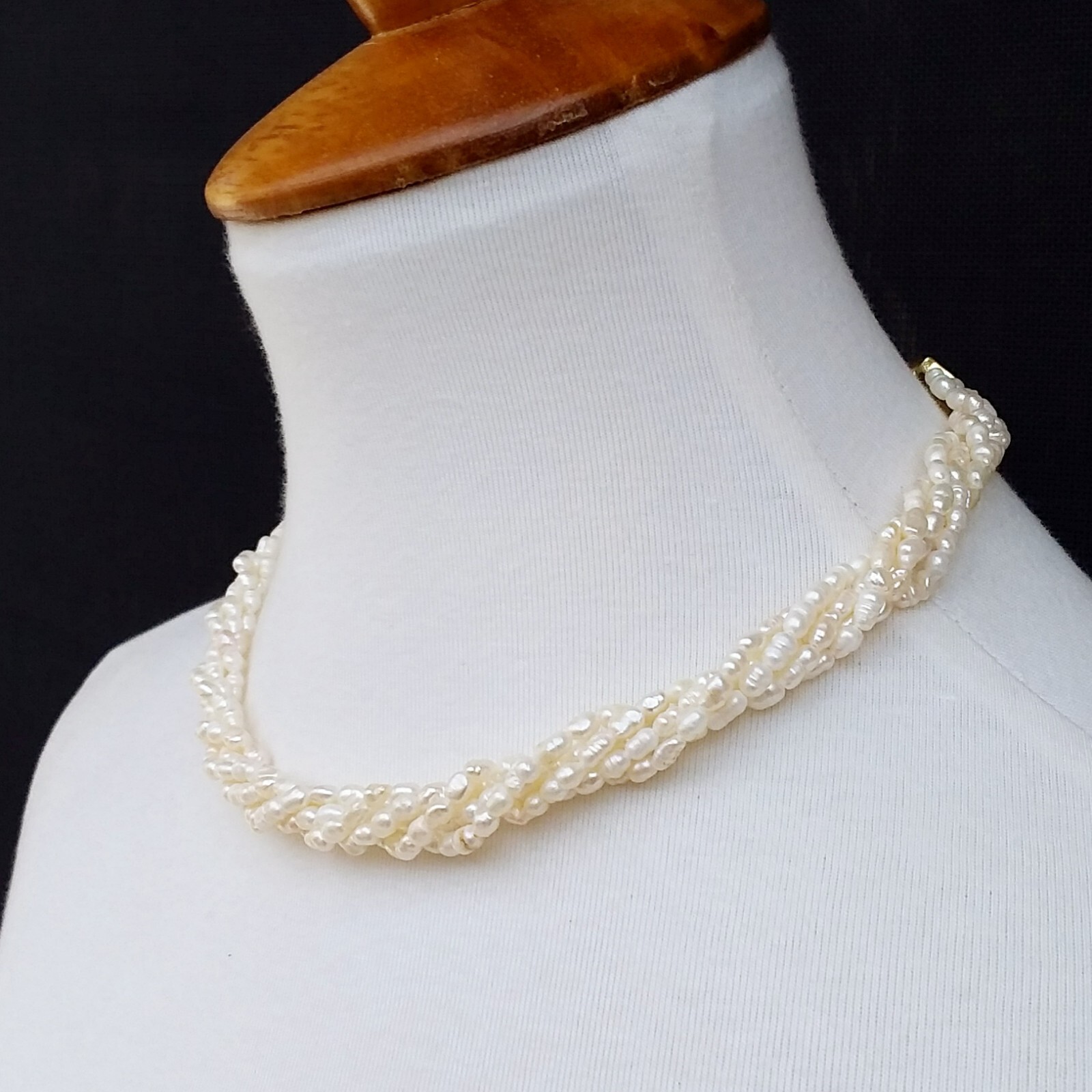 Freshwater Rice Pearls Multi Strand Necklace White Gold Tone Bow Clasp 16.5in