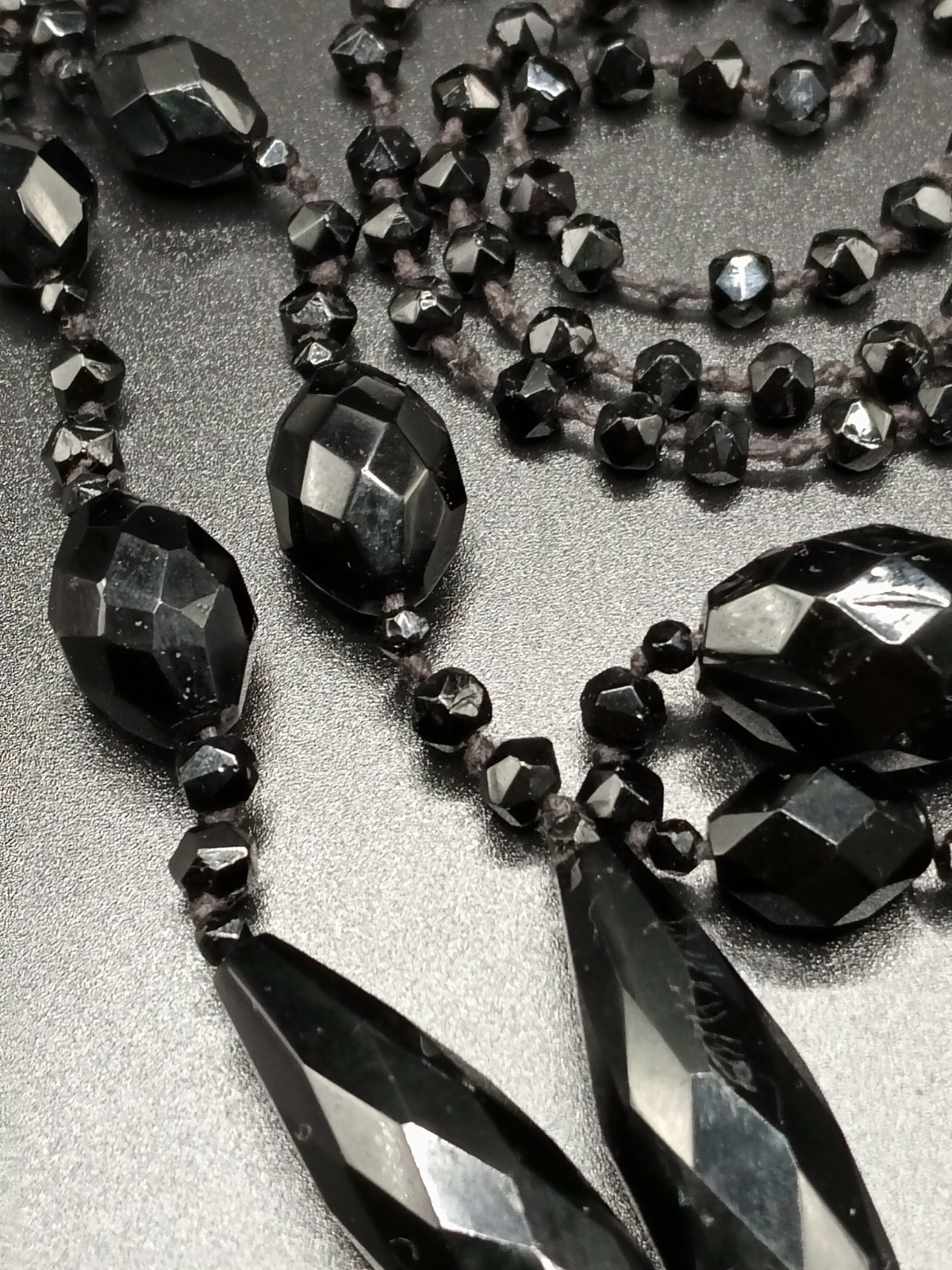 French Jet Multi-Size Bead 44” Necklace, Hand Knotted, No Clasp