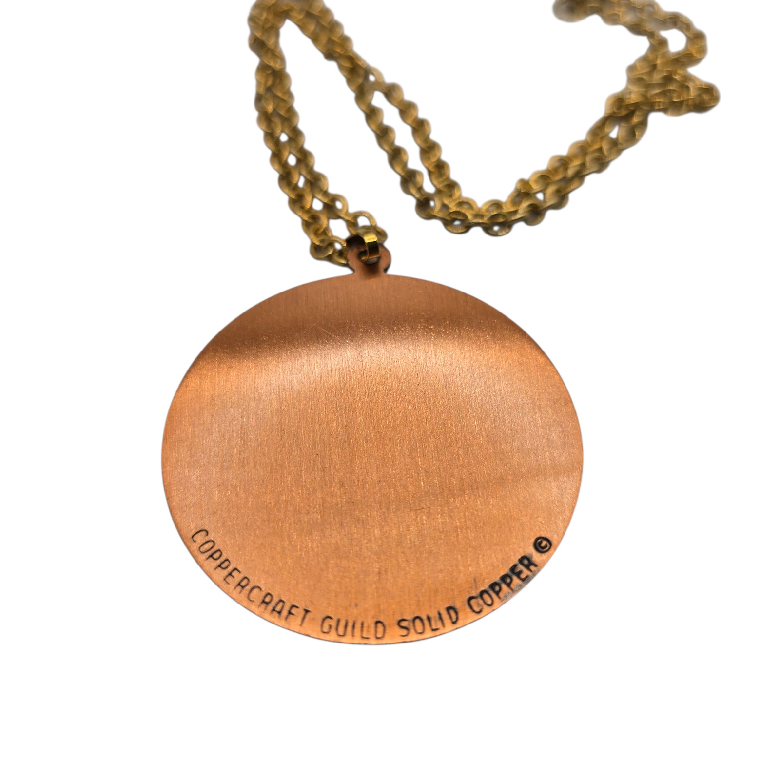 Necklace Vintage Coppercraft Guild Gemini Pendant Copper Gold Tone 24″ SKU 2887