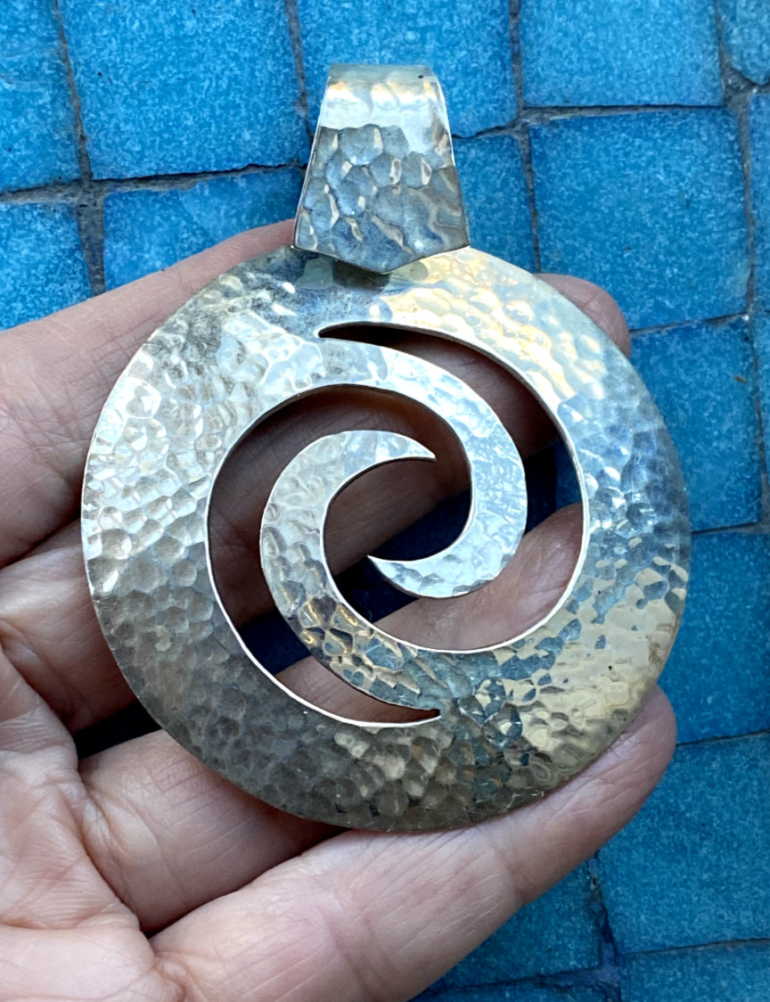 Vtg DDD Dominique Dinouart Mexico Hammered Sterling Silver Modernist Pendant