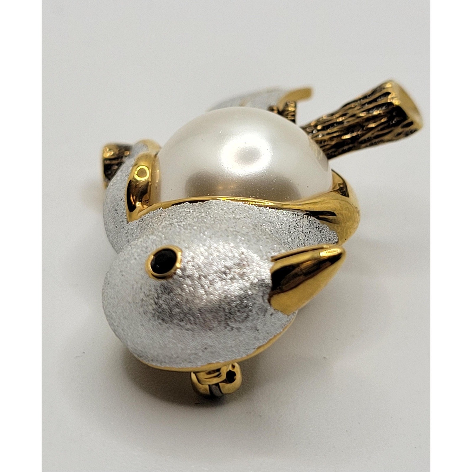 Vintage Butler Style Bird Pin Faux Pearl Belly Cabochon Figural 1980s Brooch