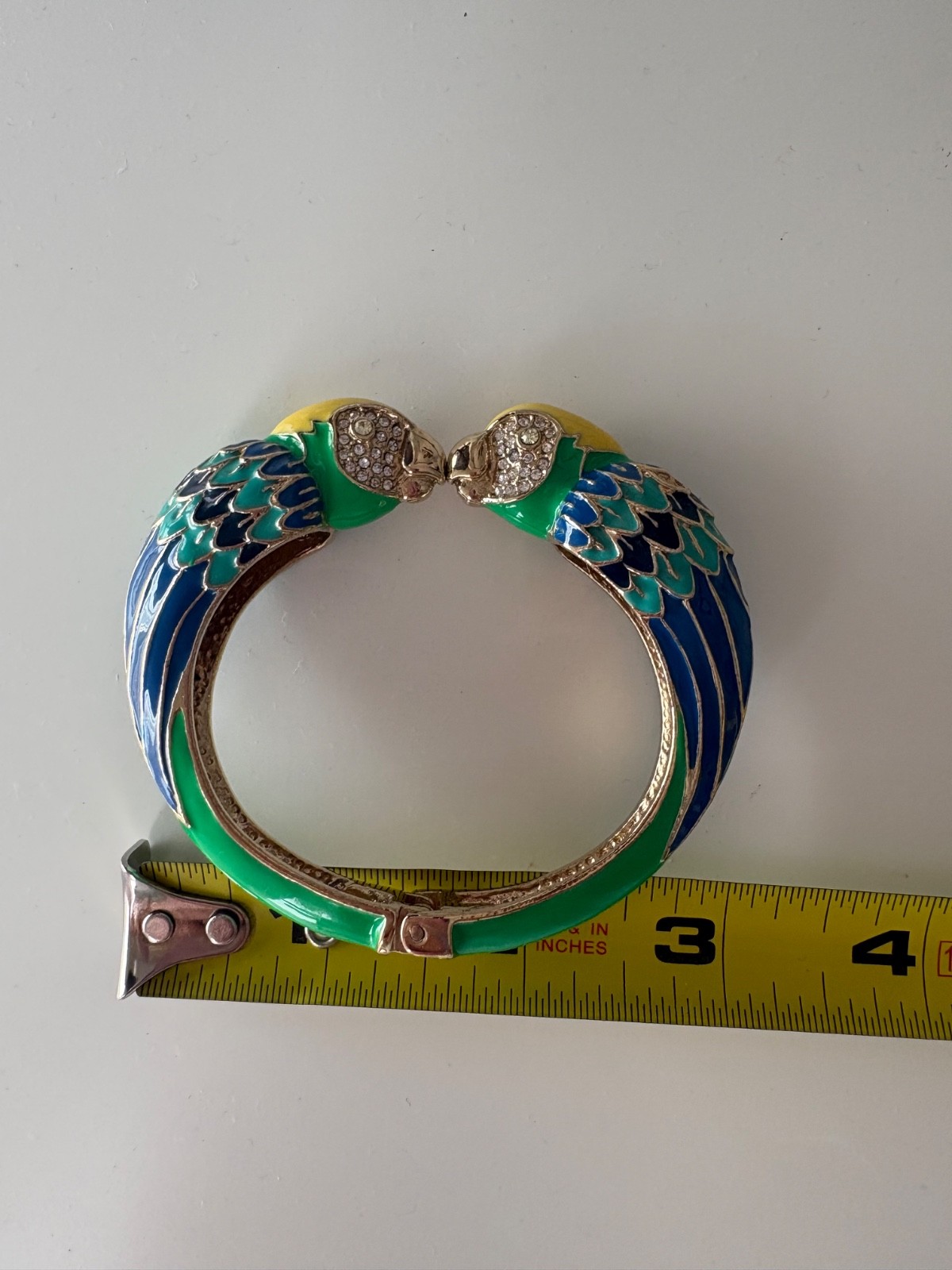 Gold Tone Kissing Parrot Birds Enamel Bracelet Cuff Blue Green Yellow