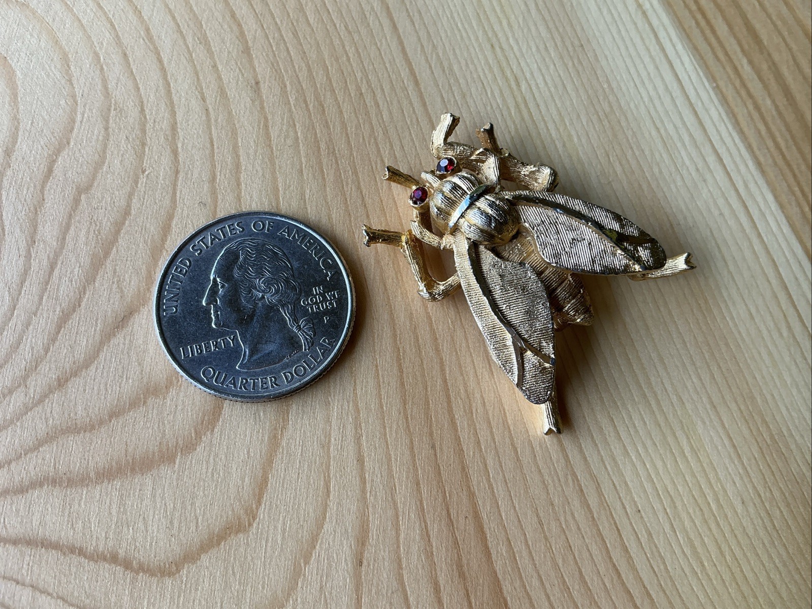 Vintage Fly Brooch Pin with Red Rhinestone Eyes Textured Gold Tone Medium Chunky