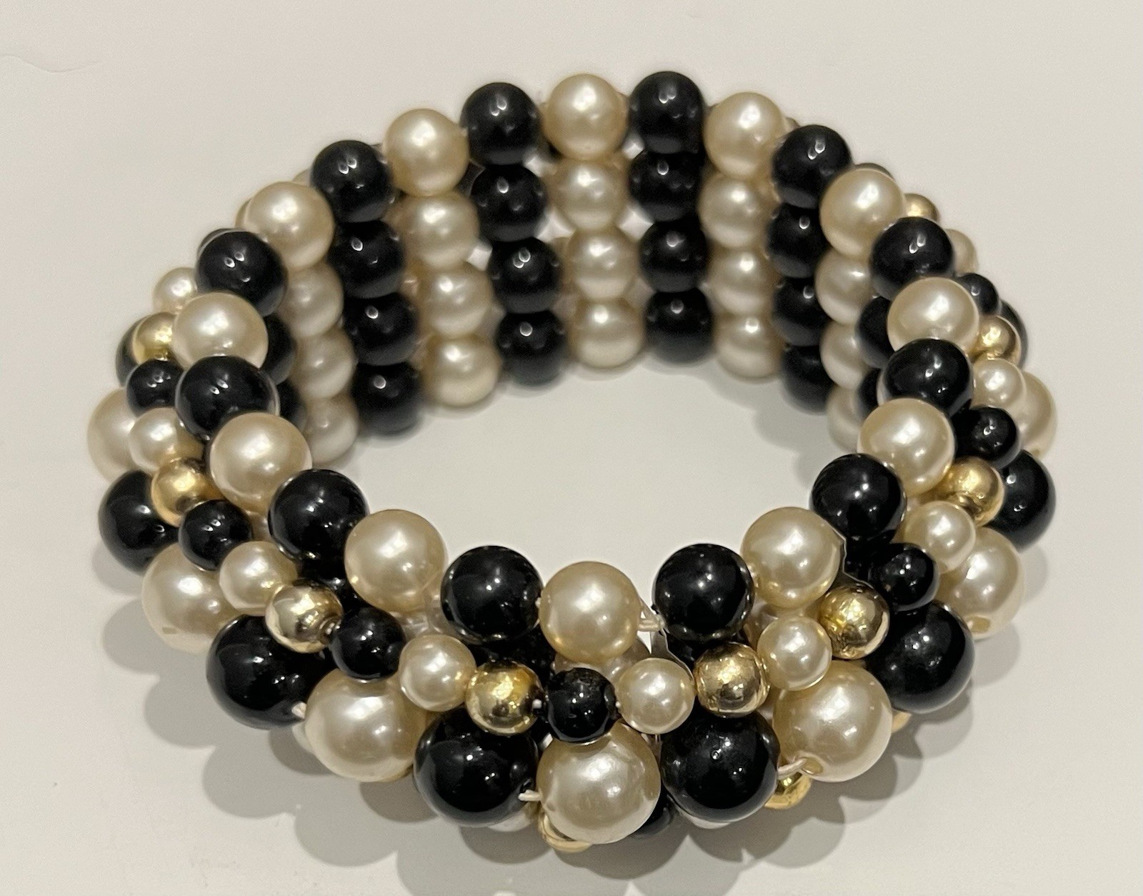 Vintage Faux Pearl Gold & Black Stretch Band Bracelet Fits All