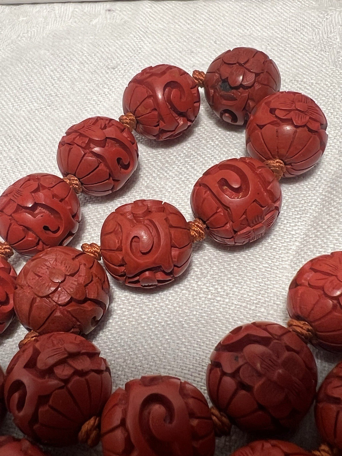 Vtg. 26” Chinese Carved Cinnabar Lacquer 1/2”Bead Necklace Silver Filigree Clasp