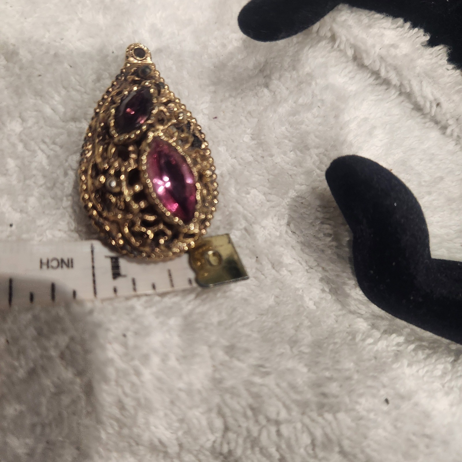 Vintage Gold Tone Filigree Teardrop Pendant Pink Purple Marquise Rhinestone