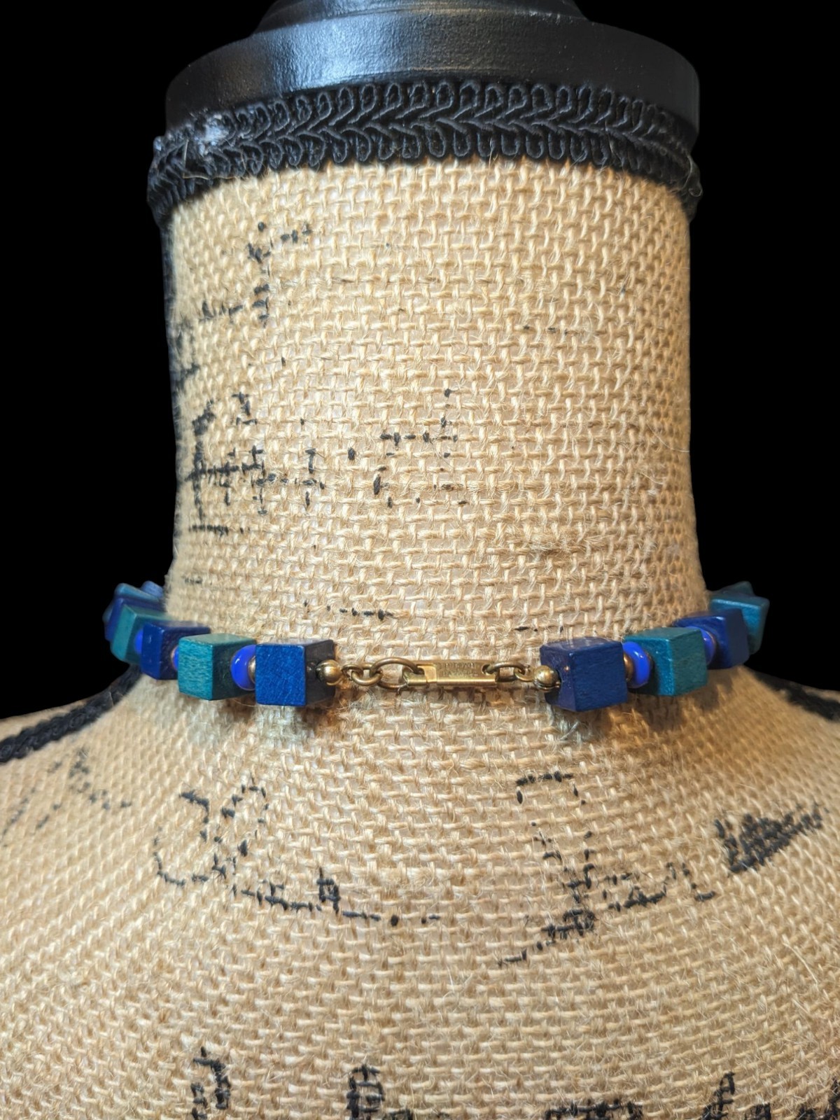 Vintage Miriam Haskell Blue Green Ceramic Wood Egyptian Revival Choker Necklace