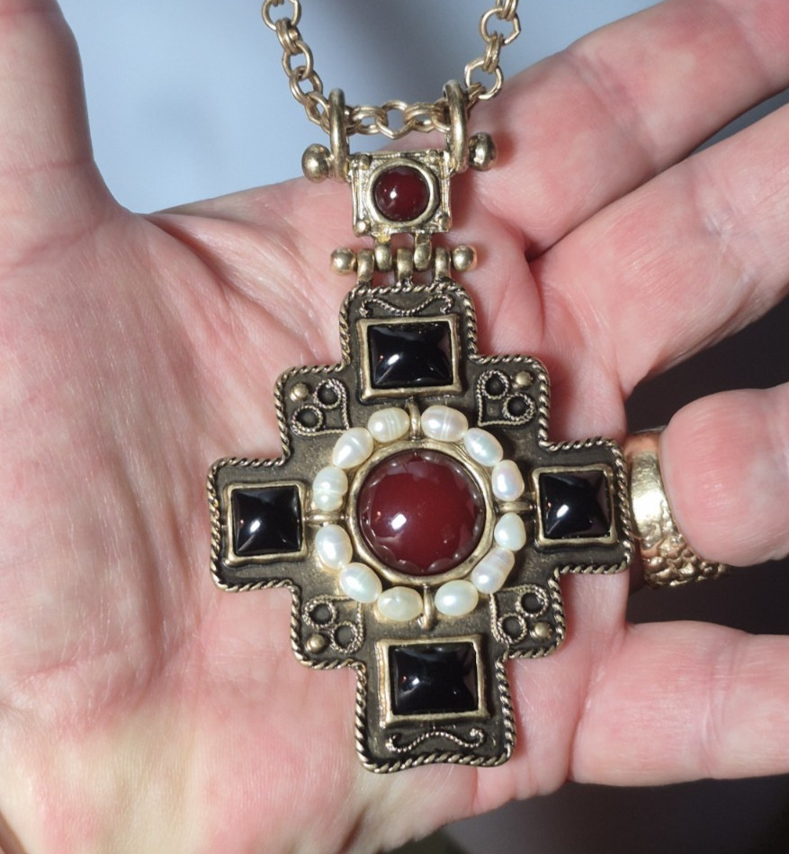 Dell’Olio Byzantine Cross Pendant Necklace Faux Pearl Red Black Statement