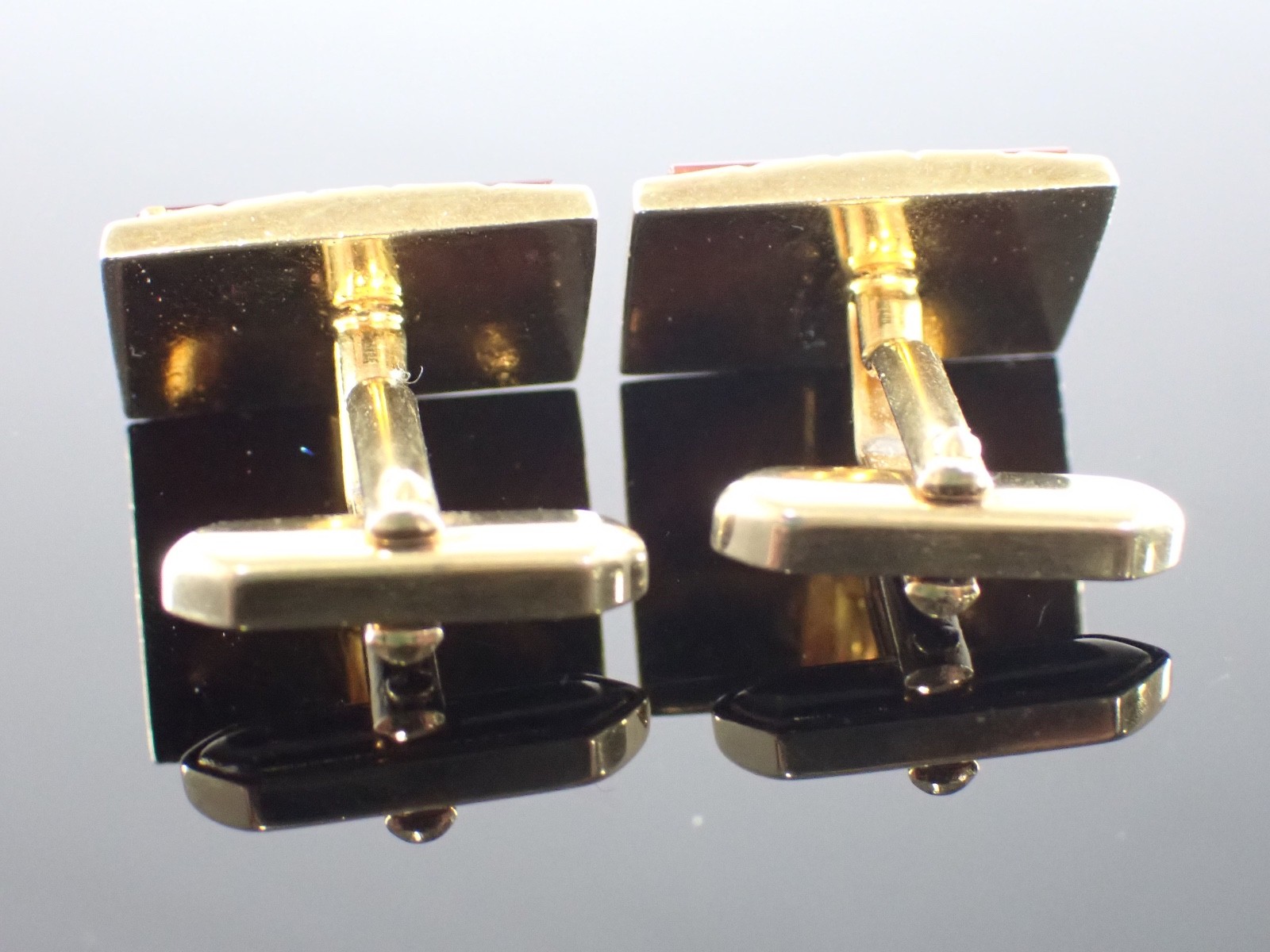 Vintage Gold Tone Red Stone Rectangular Cufflinks Mid Century Style