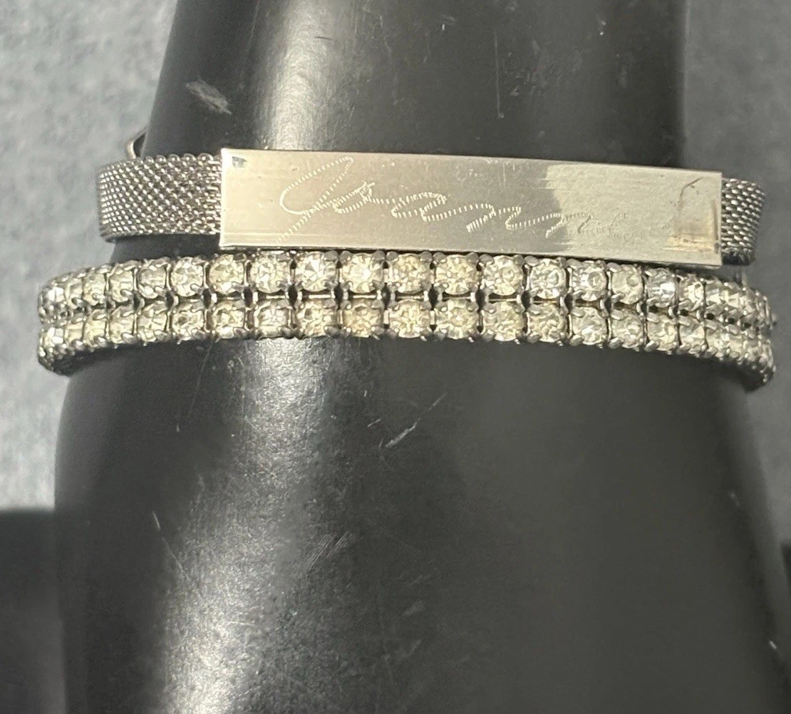 Vintage Bracelet Set Mesh ID Bucket Rhinestone Silver Tone Safety Clasp