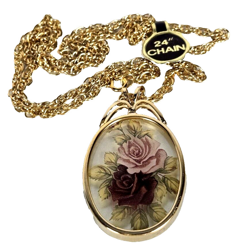 Necklace Pendant Reverse Painted Rose Floral 24″ Gold Tone Chain Fashion Jewelry