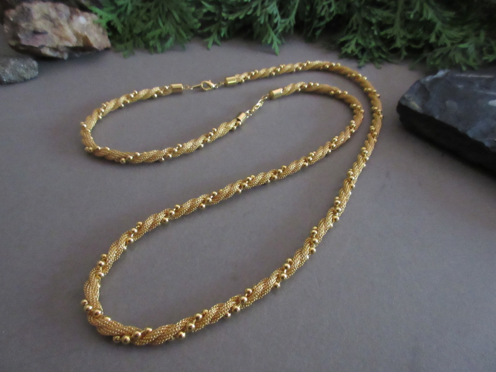 Vintage Gold Tone Twisted Mesh Rope Beaded Necklace & Bracelet Set