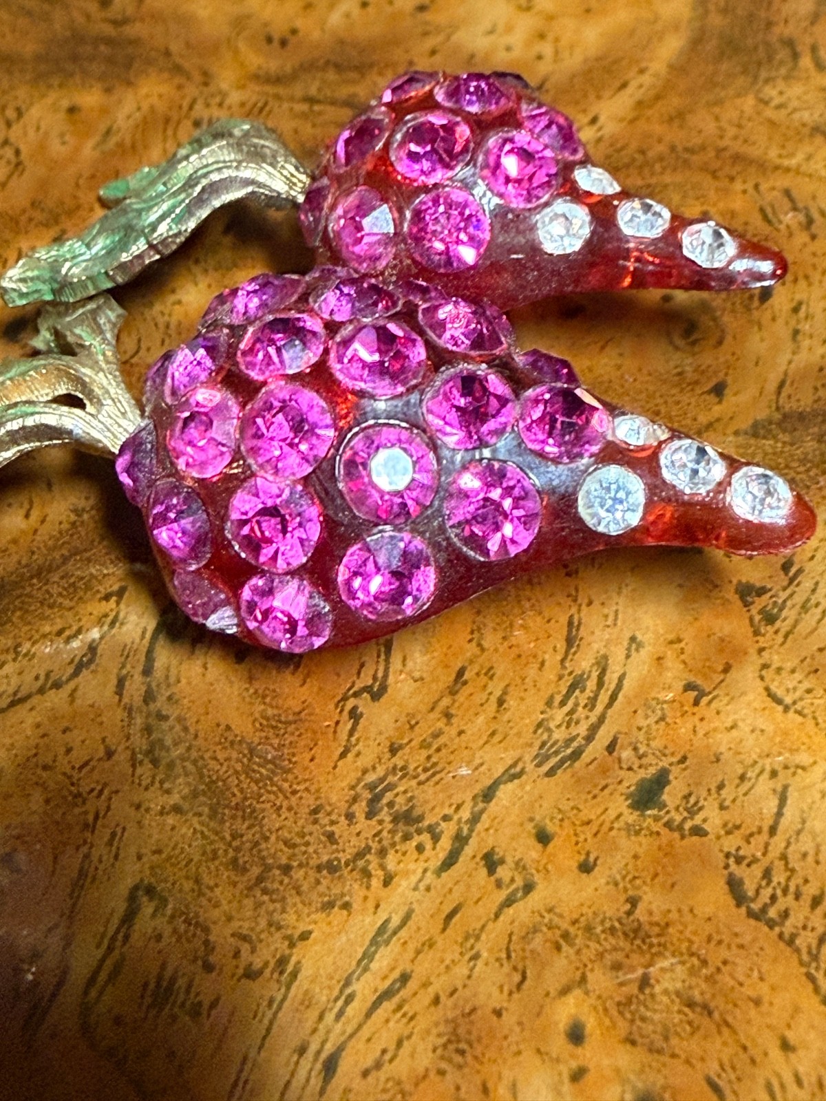 Vintage Forbidden Fruit radish brooch RARE lucite hot pink rhinestones enameled