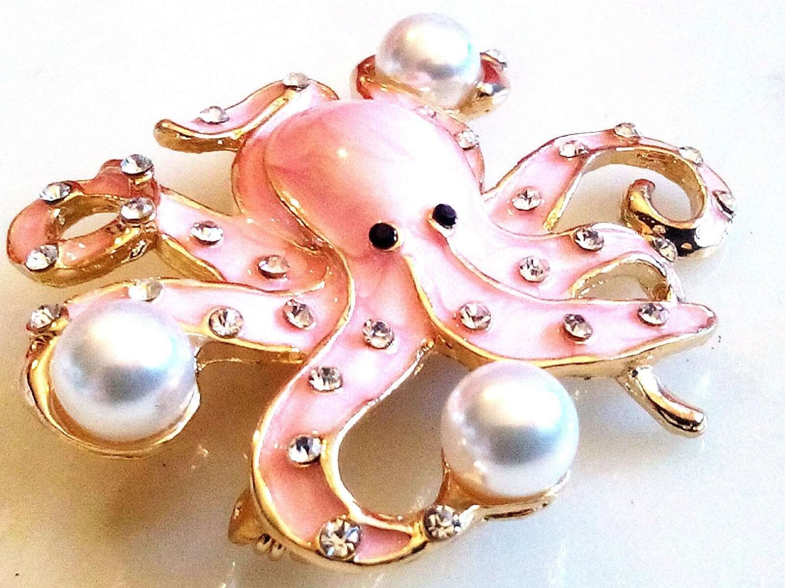 ENAMELED OCTOPUS BROOCH/PENDANT! Pink Enameled, Clear Crystals, Imitation Pearls