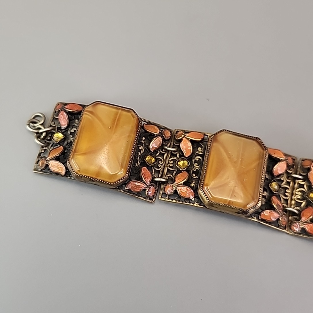 Vintage Panel Bracelet Brown Faux Star Sapphire Peach Enamel Fall Autumn 7.25″