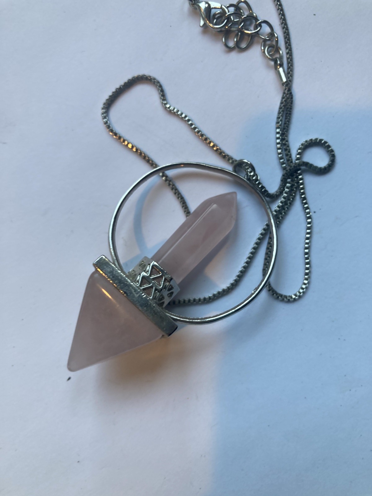 Large Rose Quartz Silver Tone Stone Necklace Clarity Beauty Peace Stunning