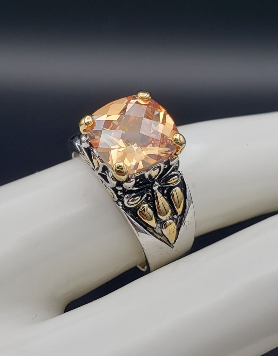 Vintage 18K White Gold Plated Cushion Cut Champagne CZ Floral Ring Size 7.75