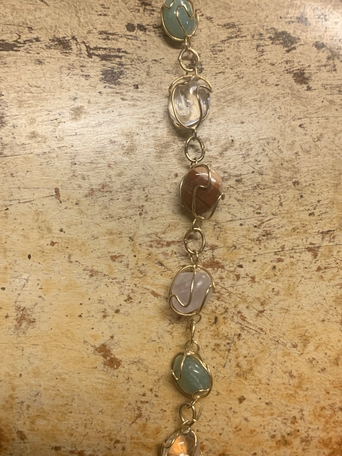 Gold & Natural Gemstone Cage Necklace 24 Inches Vintage