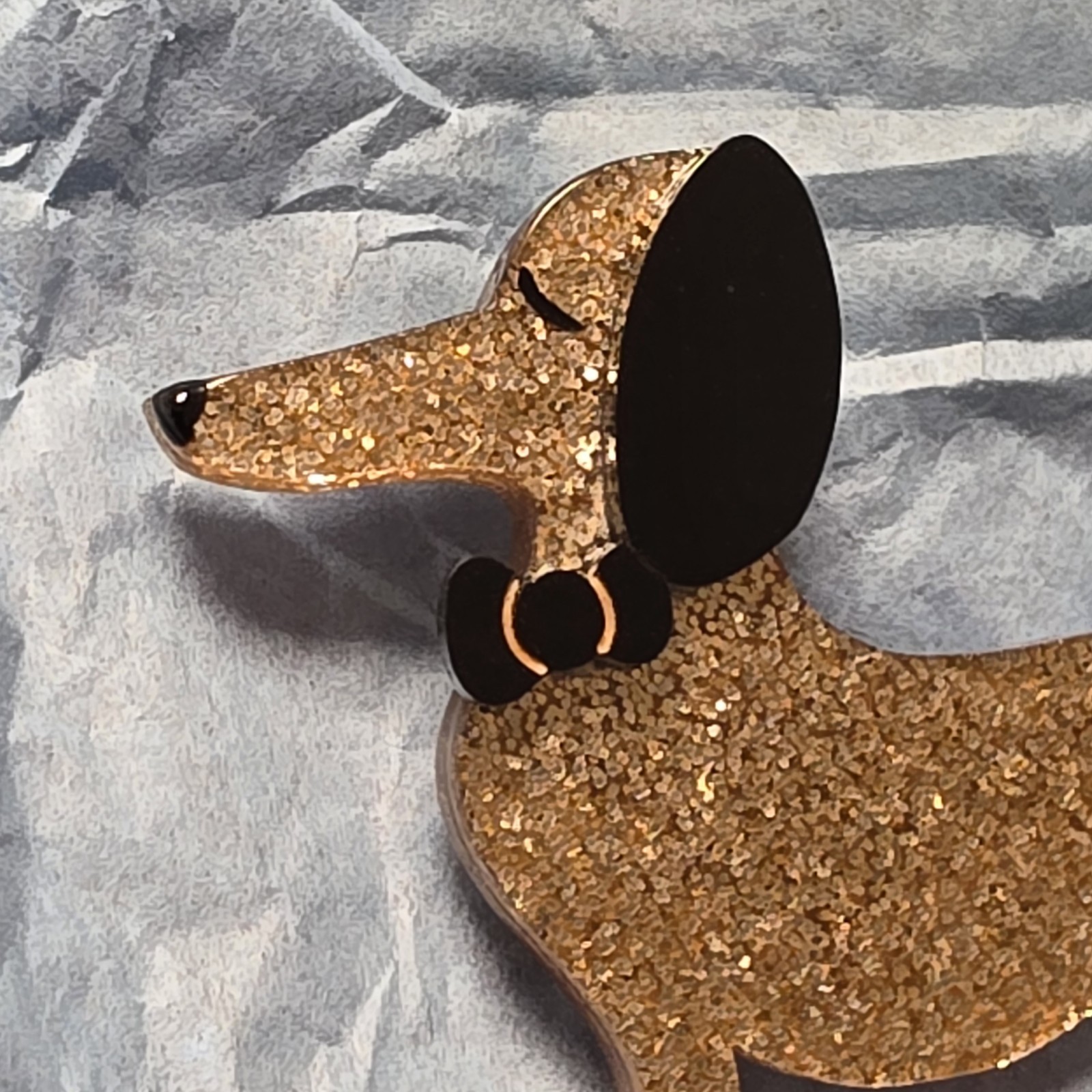 Spiffy the Sausage Dog Brooch Gold Sparkle Brooch Dachshund Pin