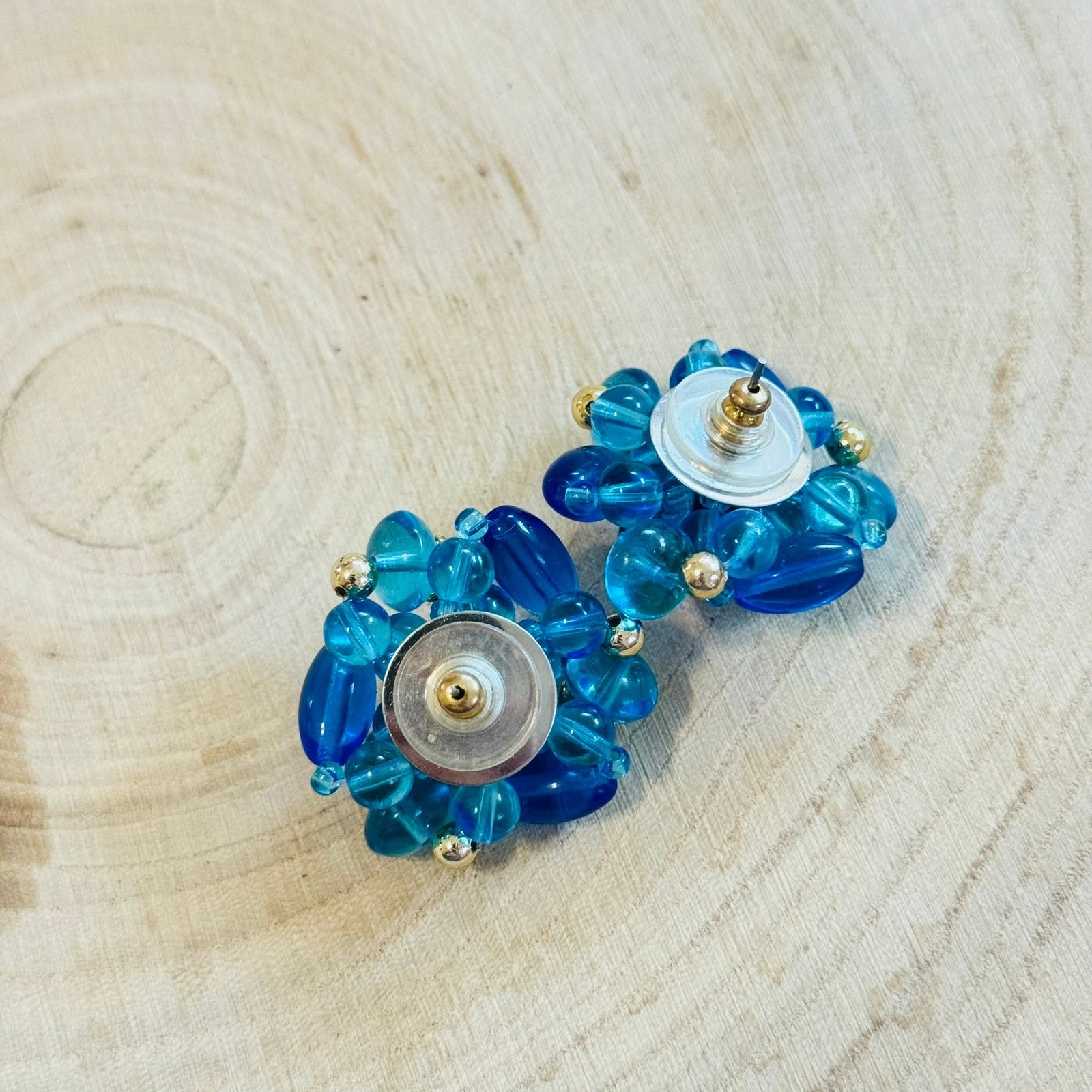 VTG Chunky Cluster Earrings Statement blue glass Czech pierced round flashy gold